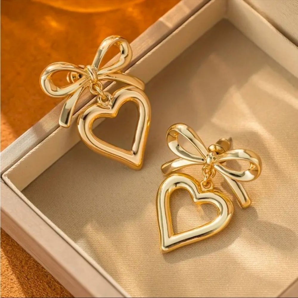 Gold Bow Heart Dangle Earrings Romantic Coquette Statement Studs NWT